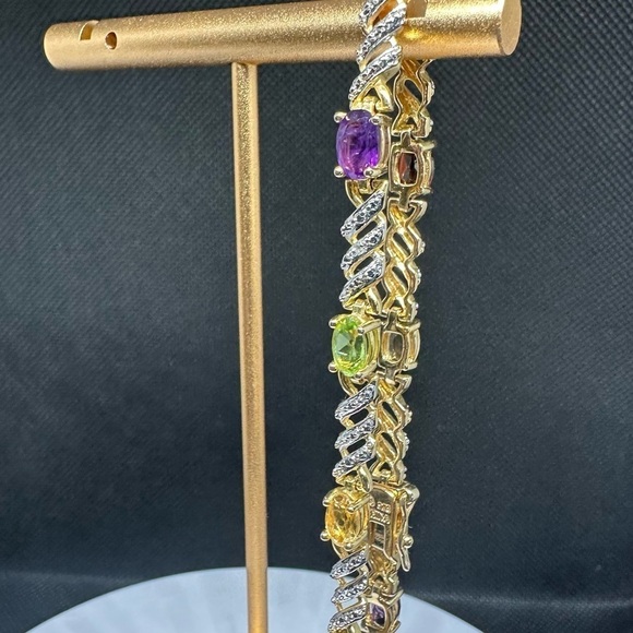 925 Sterling Silver Two-Tone Multi-Gemstone Hinged Bangle Bracelet - Picture 12 of 17